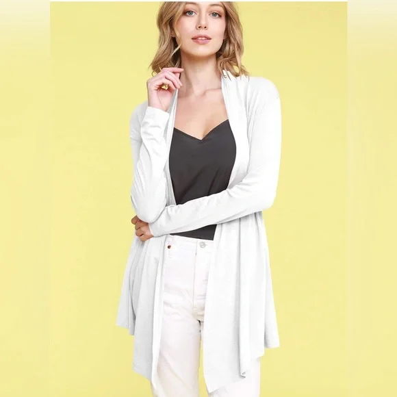 Draped Front Open Cardigan Casual Long Sleeve Lightweight Cardigan -white - Picture 2 of 6